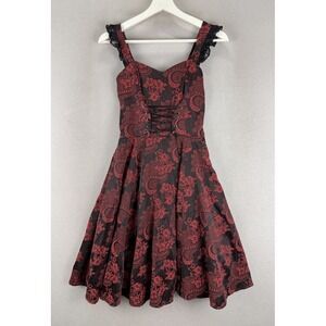 Hearts & Roses Women's Sz 8 Red Black Brocade Sleeveless Lace‎ Up Corset Dress